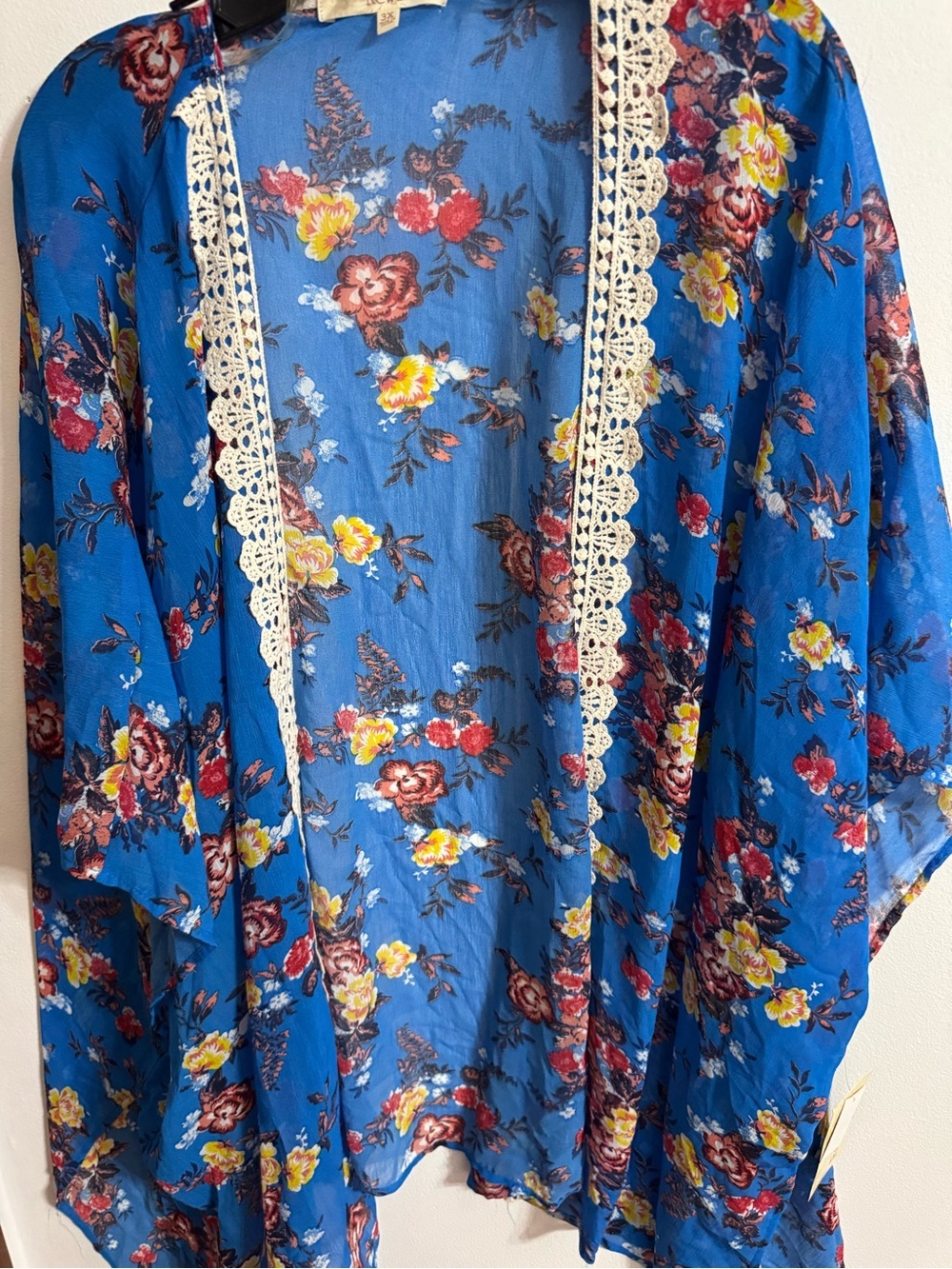 Rewind Blue Floral Women's cover up Blouse with Multicolor Blooms - 3X